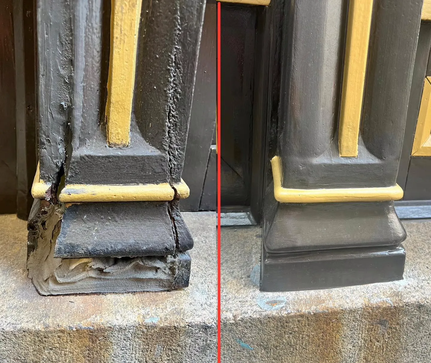 Craftsman restoring an ornate Palladian arched window with decorative ironwork in a Manhattan landmark building