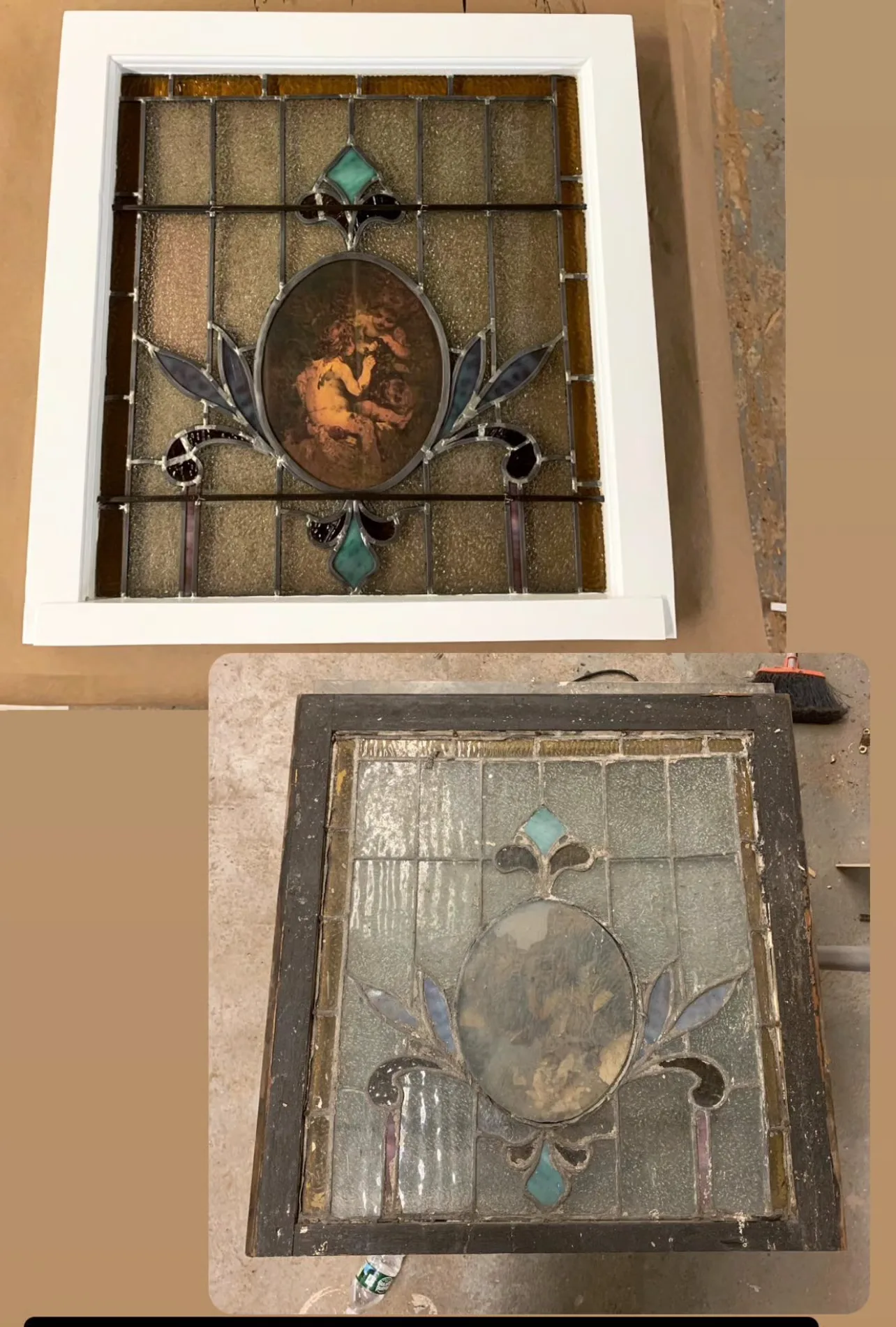 Historic leaded glass panel with heraldic medallion in brass bronze frame