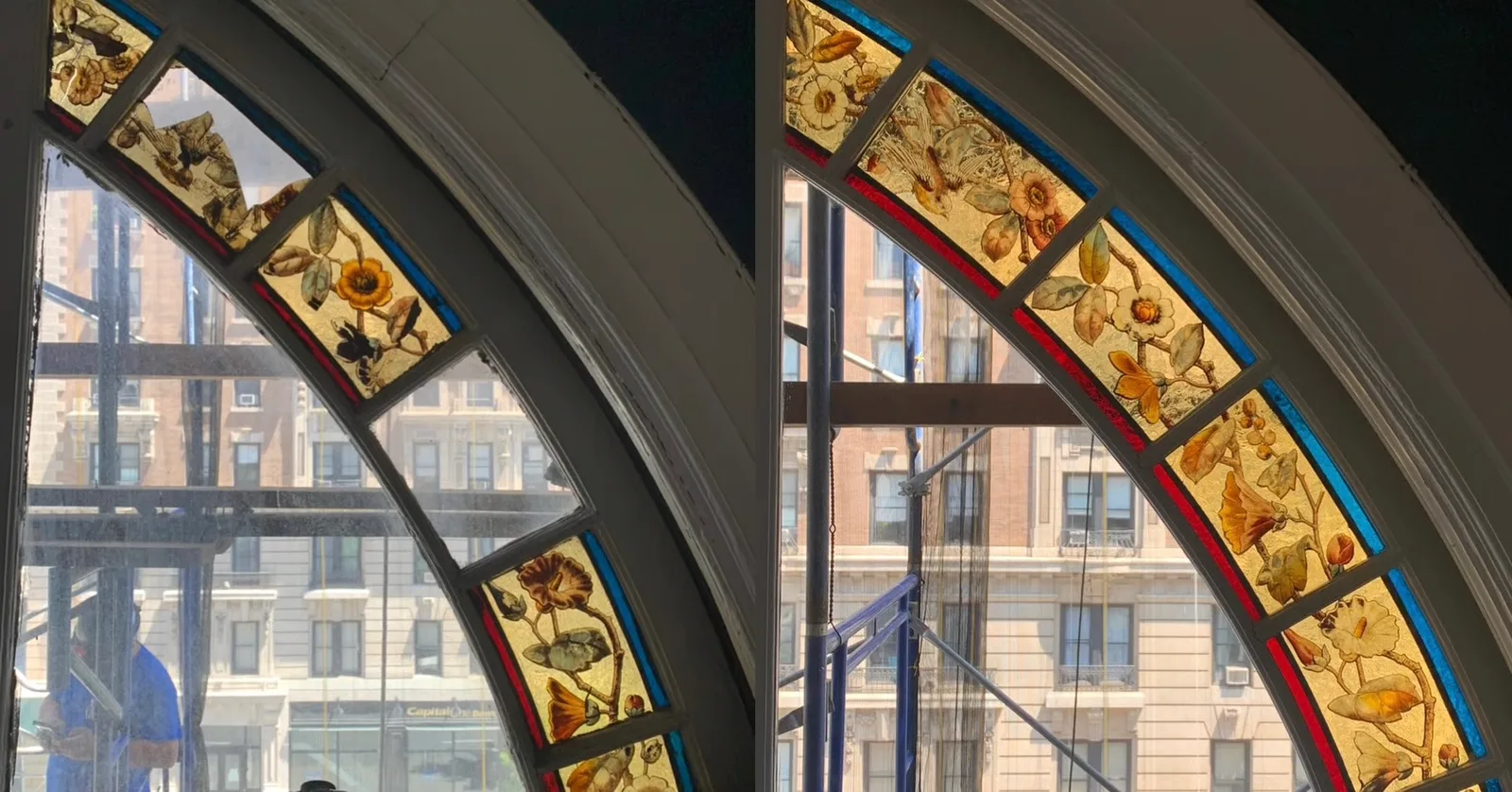 Period painted stained glass pieces with hand-painted floral motifs, before and after workshop conservation